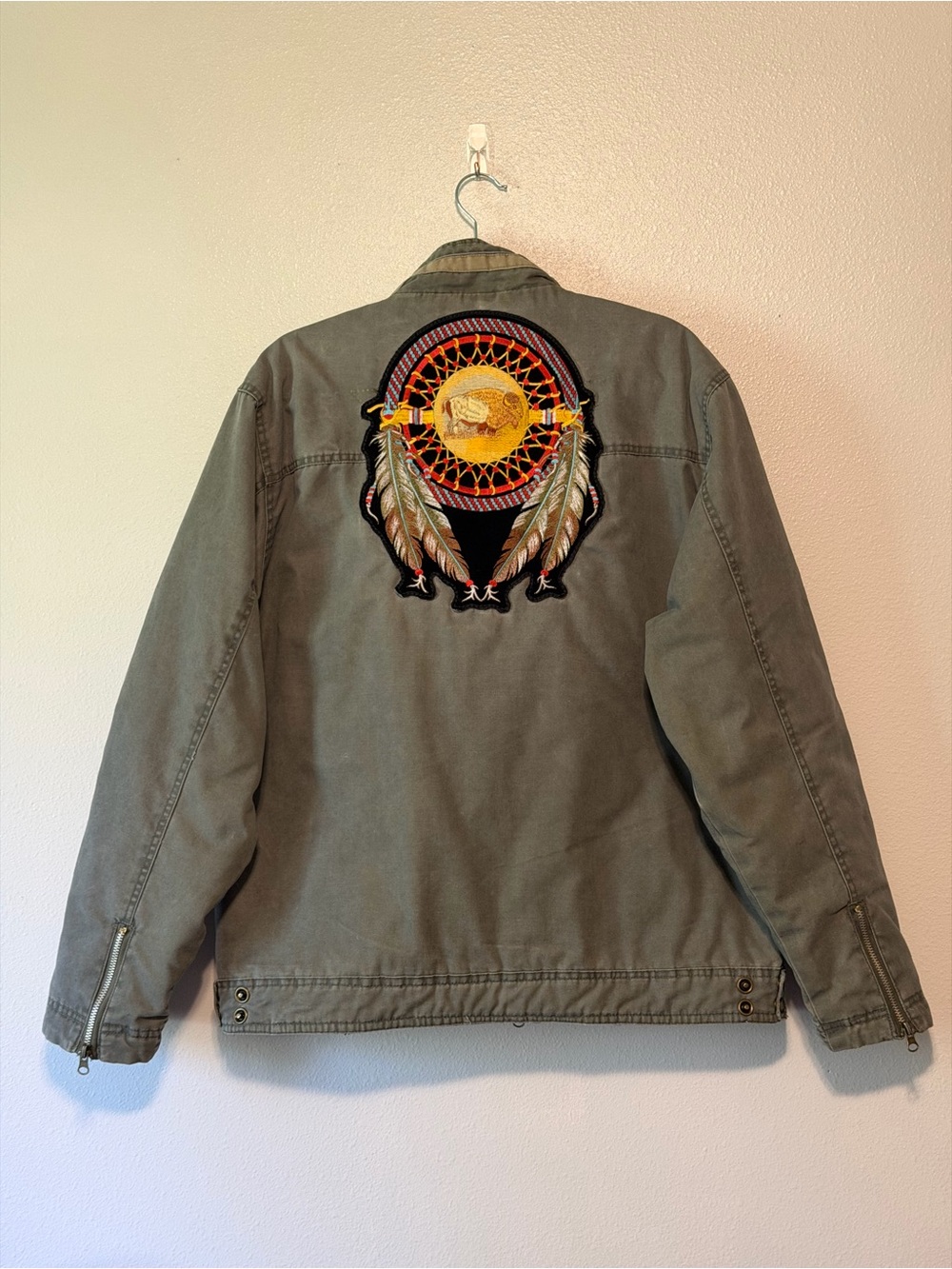 Vintage burnside Olive Green Utility Jacket with Embroidered Dreamcatcher Patch